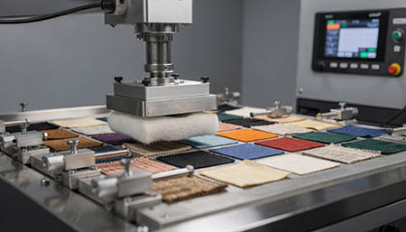 A machine is testing multiple fabric samples arranged in a grid, with a control panel visible in the background—demonstrating the effectiveness of fabric protection and stain removal products as each sample undergoes evaluation.